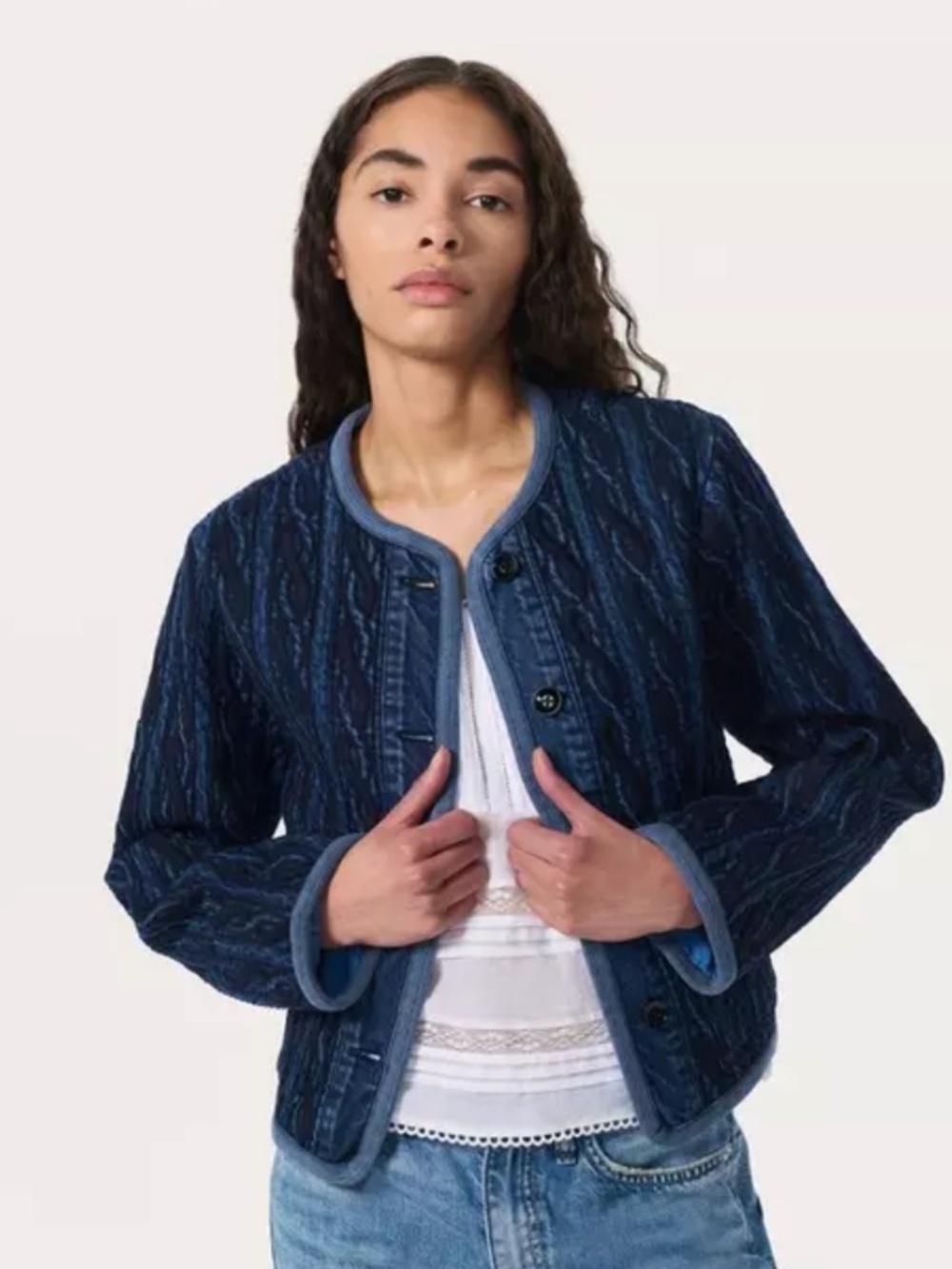 NWT rag & bone Quilted Cable-Pattern Indigo Denim Blazer Jacket, Size Large